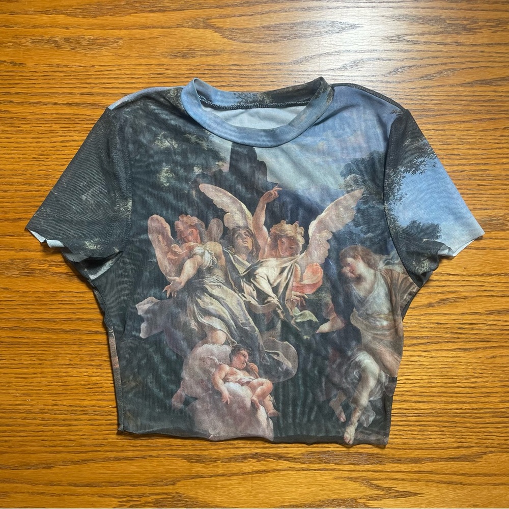 Mesh Transparent Crop Top Italian Renaissance Angel Painting Romantic Artsy